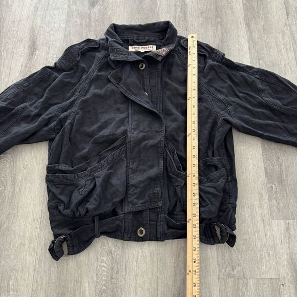 FREE PEOPLE Jacket Women's Small Black Linen Military Bomber Jayde Safari - Picture 5 of 6